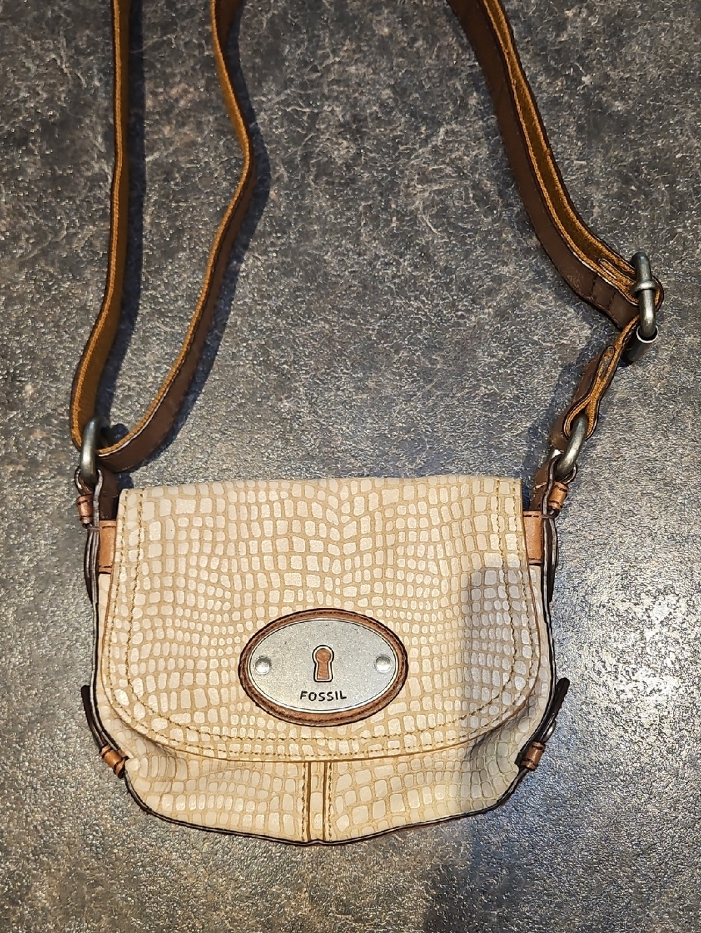 Fossil Maddox small snake skin embossed beige crossbody bag with Tan Strap